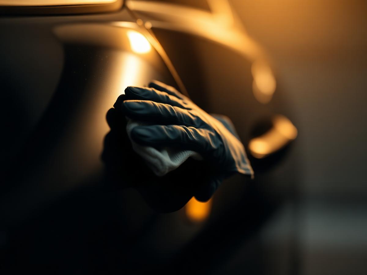 Detailer buffing a glossy black car panel